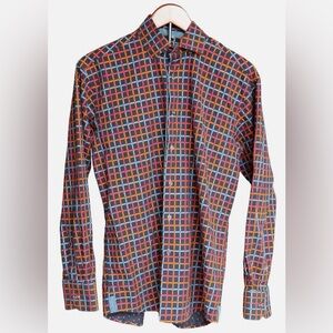 Visconti Black Colorful Dress Shirt Check Navy Electric Orange Mens Size M ❤️